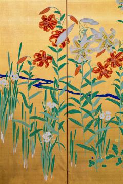 Japanese Two Panel Screen Flowers by River s Edge - 3164898