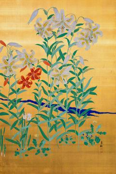 Japanese Two Panel Screen Flowers by River s Edge - 3164899