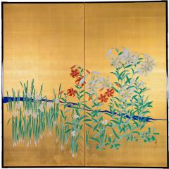 Japanese Two Panel Screen Flowers by River s Edge - 3165967