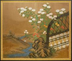 Japanese Two Panel Screen Garden Scene with Crysanthemums - 3119842