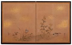Japanese Two Panel Screen Gentle Landscape of Sparrow and Flowers - 3105837