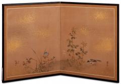 Japanese Two Panel Screen Gentle Landscape of Sparrow and Flowers - 3105851