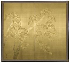 Japanese Two Panel Screen Gilded Pine - 4340427