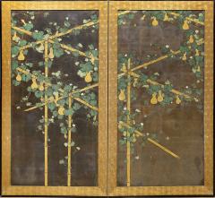 Japanese Two Panel Screen Gourds on Bamboo Arbor - 1292197