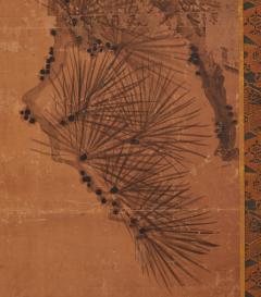 Japanese Two Panel Screen Hawk Perched in Pine Tree - 3145903