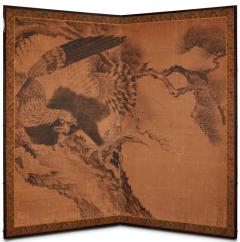 Japanese Two Panel Screen Hawk Perched in Pine Tree - 3145934