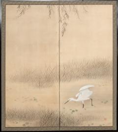 Japanese Two Panel Screen Heron In Water Lily Pond Under Willow - 1368606