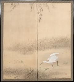 Japanese Two Panel Screen Heron In Water Lily Pond Under Willow - 1368606