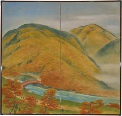 Japanese Two Panel Screen Higashiyama Hills in Autumn - 4344628