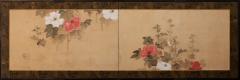 Japanese Two Panel Screen Hollyhocks - 1939384