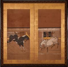 Japanese Two Panel Screen Horses in Stable - 2947144