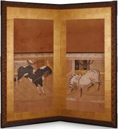 Japanese Two Panel Screen Horses in Stable - 2947149