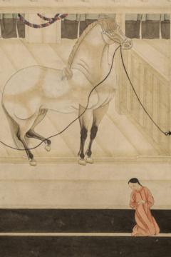 Japanese Two Panel Screen Horses in Stable with Attendant - 300200