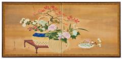 Japanese Two Panel Screen Ikibana Flower Arranging in Progress - 4216910
