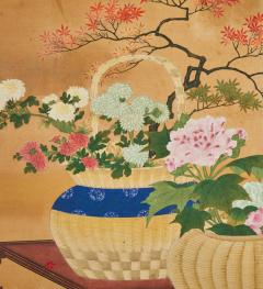 Japanese Two Panel Screen Ikibana Flower Arranging in Progress - 4216918