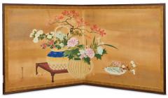 Japanese Two Panel Screen Ikibana Flower Arranging in Progress - 4216922