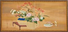 Japanese Two Panel Screen Ikibana Flower Arranging in Progress - 4217610