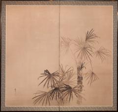 Japanese Two Panel Screen Ink Painting of Palms On Mulberry Paper - 1592311