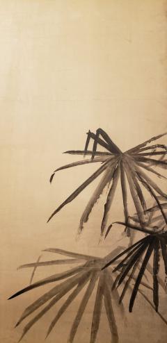 Japanese Two Panel Screen Ink Painting of Palms On Mulberry Paper - 1592318