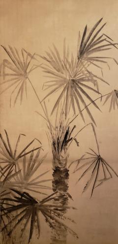 Japanese Two Panel Screen Ink Painting of Palms On Mulberry Paper - 1592319