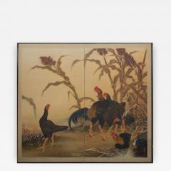 Japanese Two Panel Screen Japanese Chickens Shamo Breed in a Millet Grove - 305301