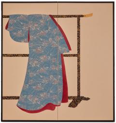 Japanese Two Panel Screen Kimono On Lacquer Rack - 3145910