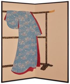 Japanese Two Panel Screen Kimono On Lacquer Rack - 3145946