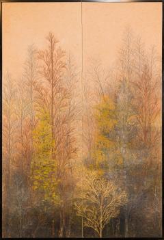 Japanese Two Panel Screen Late Autumn Forest Rare Obara Paper Art Screen - 1950256