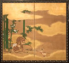 Japanese Two Panel Screen Leopard with Two Tiger Cubs - 3105844