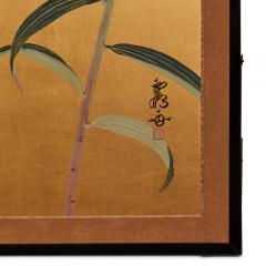 Japanese Two Panel Screen Lotus Leaves and Stargazer Lilies on Gold - 3145936