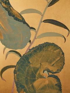 Japanese Two Panel Screen Lotus Leaves and Stargazer Lilies on Gold - 3145949