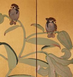Japanese Two Panel Screen Lotus Leaves and Stargazer Lilies on Gold - 3145964
