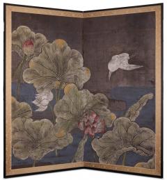 Japanese Two Panel Screen Lotus and Heron - 3145959