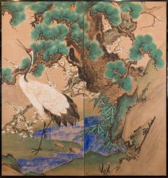 Japanese Two Panel Screen Manchurian Crane and Turtles - 1920208