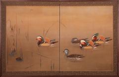 Japanese Two Panel Screen Mandarin Ducks Among Dry Lotus - 2947131