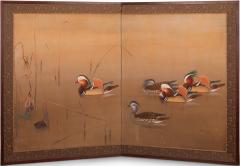 Japanese Two Panel Screen Mandarin Ducks Among Dry Lotus - 2947133
