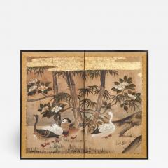 Japanese Two Panel Screen Mandarin Ducks and Geese Among Bamboo and Flowers - 1400247