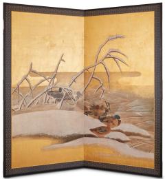 Japanese Two Panel Screen Mandarin Ducks in Winter - 3228480