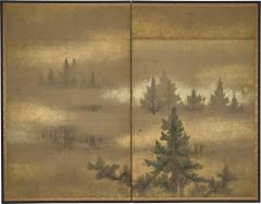 Japanese Two Panel Screen Misty Cedar Forest - 4344631