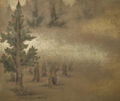 Japanese Two Panel Screen Misty Cedar Forest - 4340598