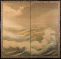 Japanese Two Panel Screen Moon Over Stormy Seas - 1537313