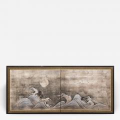 Japanese Two Panel Screen Moon Over Waves - 1303983