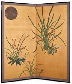 Japanese Two Panel Screen Moon and Flowers - 3105882