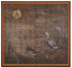 Japanese Two Panel Screen Moonlit Landscape with Geese - 3529201