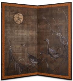 Japanese Two Panel Screen Moonlit Landscape with Geese - 3529217