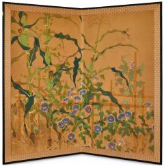 Japanese Two Panel Screen Morning Glories with Maize and Bamboo Trellis - 3500585