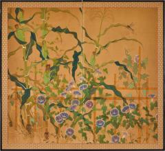 Japanese Two Panel Screen Morning Glories with Maize and Bamboo Trellis - 3501673