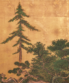 Japanese Two Panel Screen Mountain Landscape With Cedar and Pine on Gold Leaf - 3421176