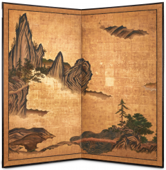 Japanese Two Panel Screen Mountain Landscape With Cedar and Pine on Gold Leaf - 3421177