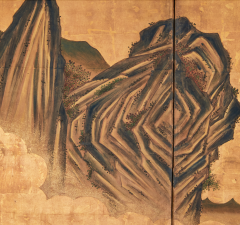 Japanese Two Panel Screen Mountain Landscape With Cedar and Pine on Gold Leaf - 3421179